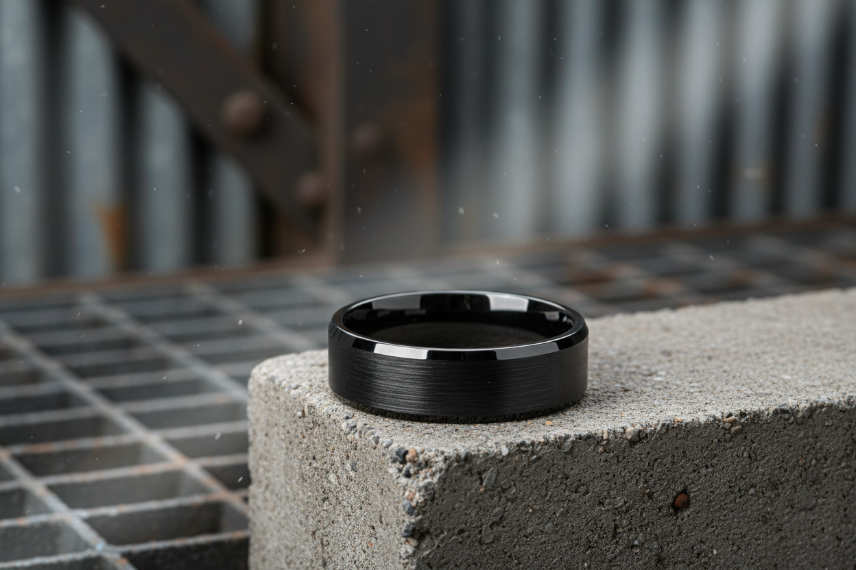 Men’s black tungsten ring with matte finish and beveled edges in industrial workshop setting