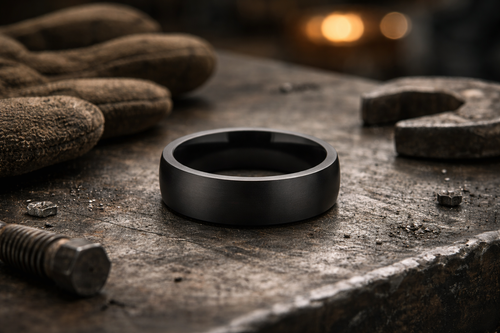 Men’s black tungsten domed ring with matte finish in industrial workshop setting