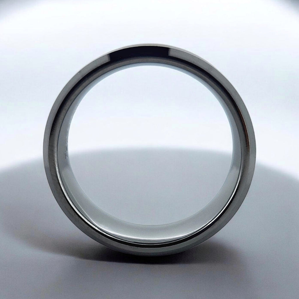 Front view of silver tungsten ring showing beveled profile and band thickness