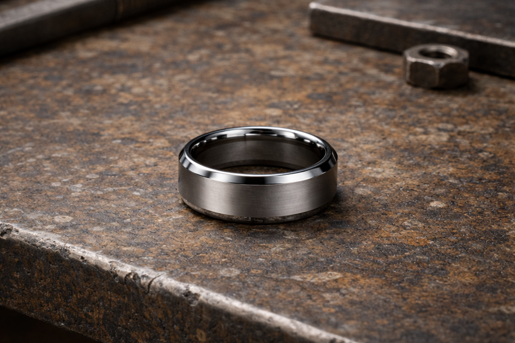 Men’s silver tungsten ring with matte finish and polished beveled edges in industrial workshop setting