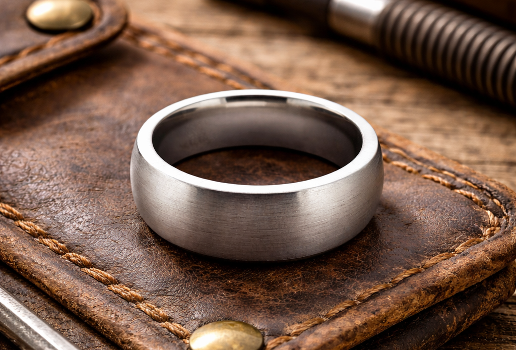 Men’s silver tungsten domed ring with matte finish in industrial workshop setting
